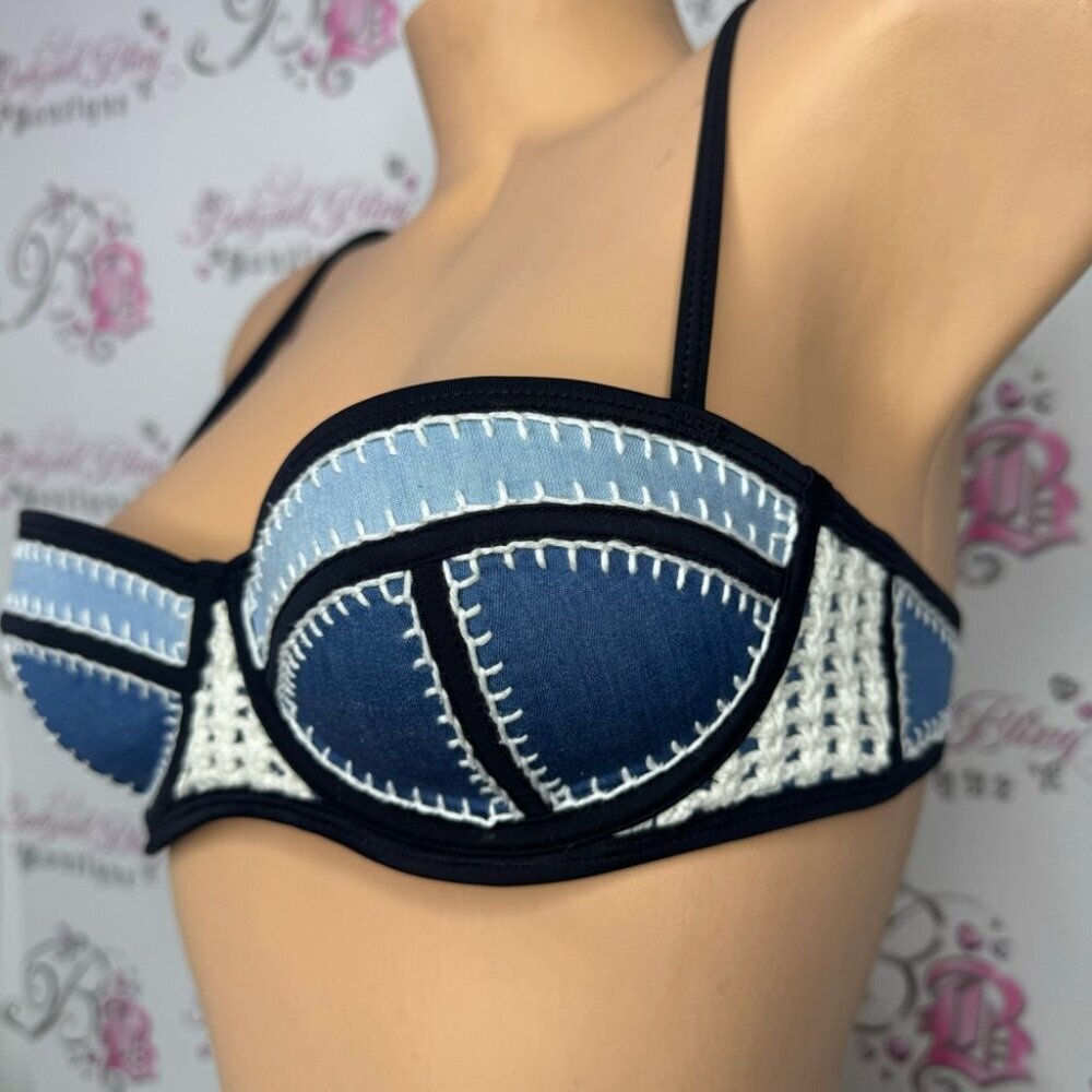 Triangl swimwear top bikini denim jean crochet blue navy cream snap back closure - Picture 11 of 14